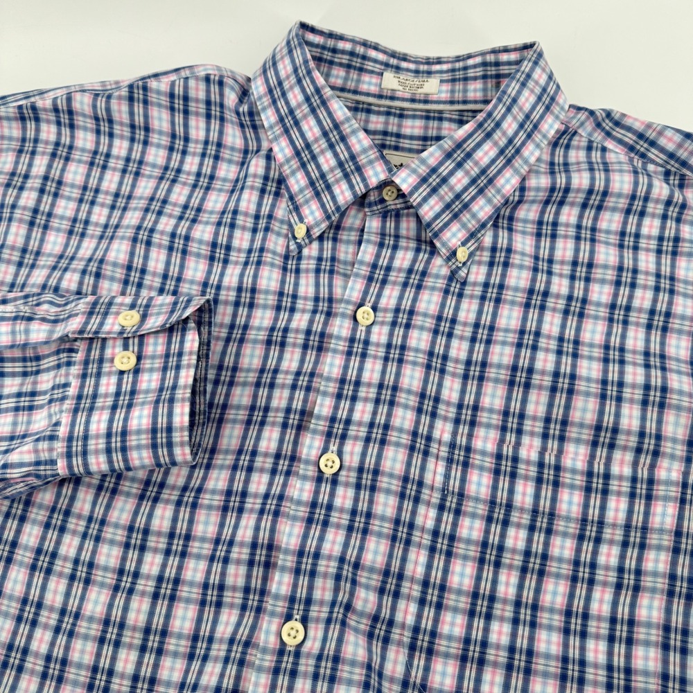 Peter Millar Button Down Shirt Mens XXL Tall Blue Pink‎ Plaid Cotton Long Sleeve